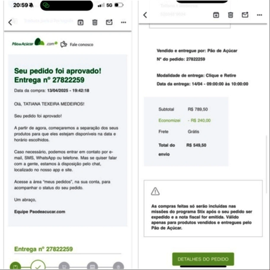 Print da compra do supermercado Pão de Açúcar